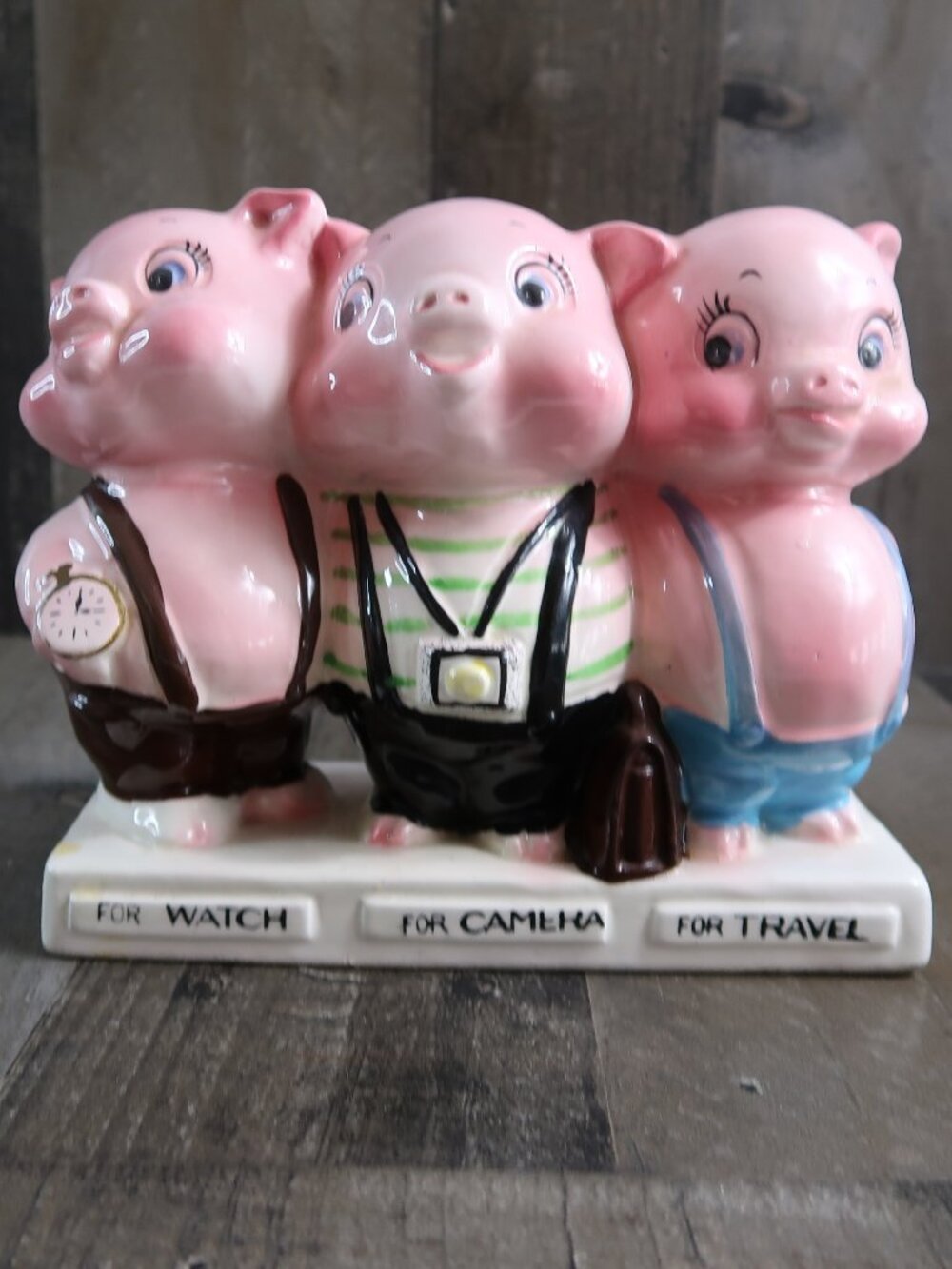 1950s Three Pigs Money Coin Bank Japan Anthropomorphic Travel Camera Watch
